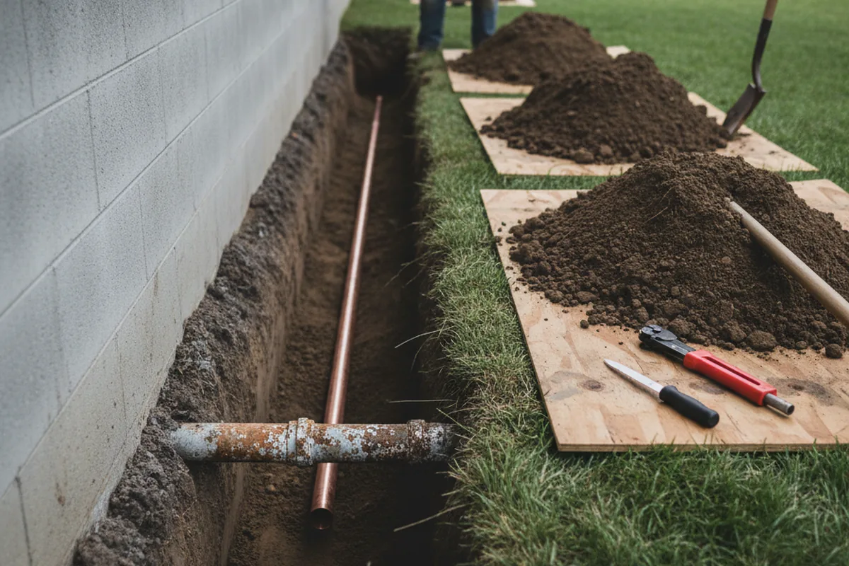 Excavated water line trench during Water Heater Repair in Pico Rivera